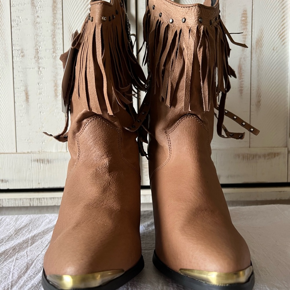 SALE🔥 Fringe Studded Leather Cowgirl Boots - Picture 5 of 15
